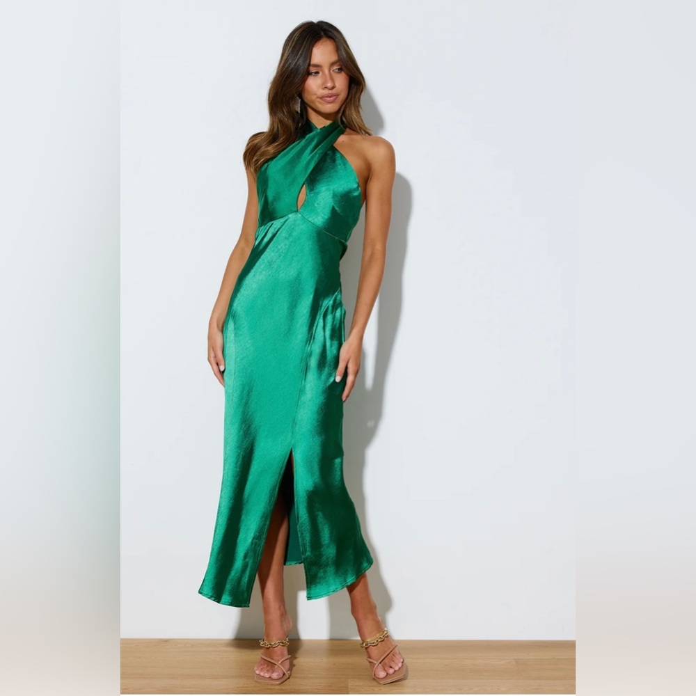 Hello Molly green satin crossover halter dress “Night in the City”